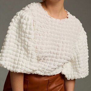 Anthropologie Eri + Ali White Textured Puff Sleeve Bubble Top L